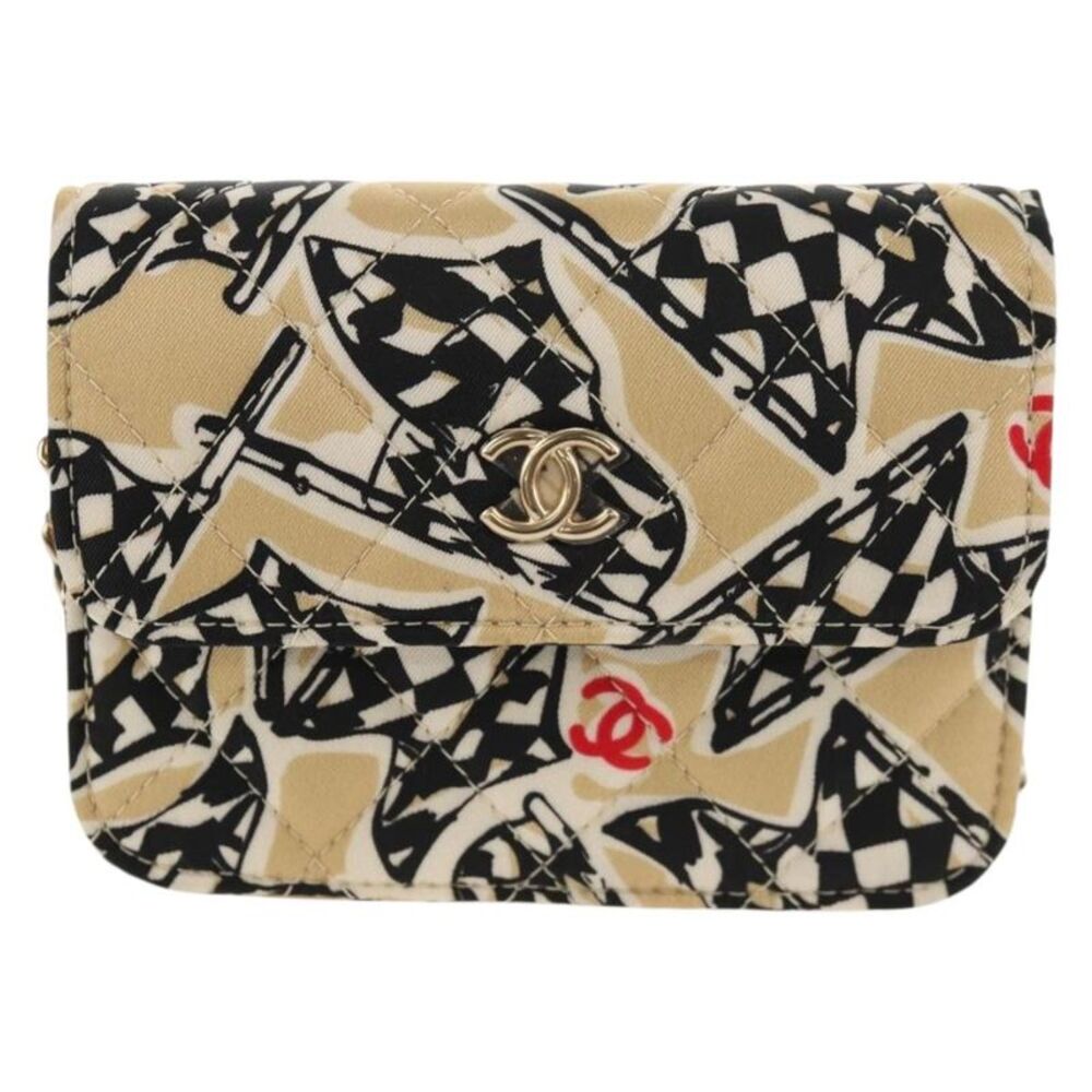 Chanel Flap Card Holder On Chain Quilted Printed Canvas Beige Satin Shoulder Bag